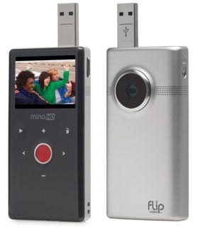 Flip Video MinoHD 2nd Gen camcorders with USB connectors displayed