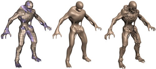 Three stages of 3D character modeling development.