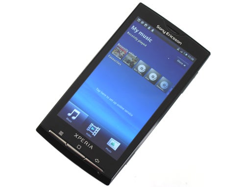Sony Ericsson Xperia X10 smartphone displaying music player screen.
