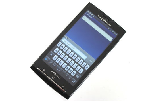 Sony Ericsson Xperia X10 smartphone with on-screen keyboard.