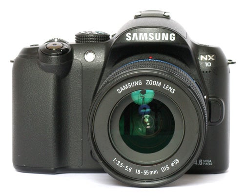Samsung NX10 camera with zoom lens displayed.