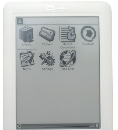 BeBook Neo e-reader displaying home screen with icons.