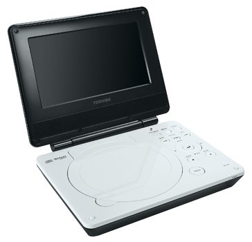 Toshiba SDP74 portable DVD player open on white background.