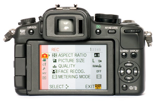 Panasonic Lumix G2 camera showing settings on LCD screen.