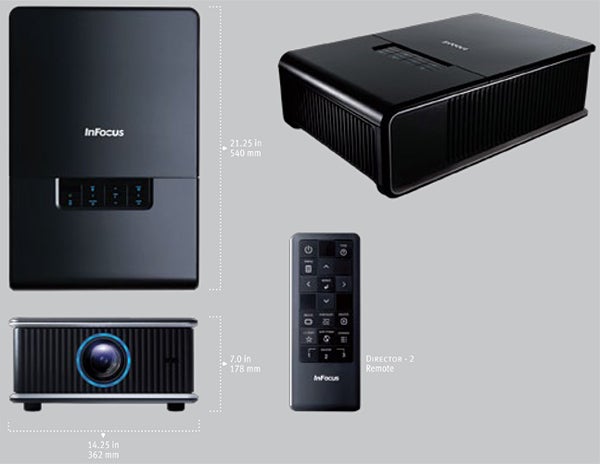 InFocus ScreenPlay SP8602 DLP Projector with remote and dimensions.