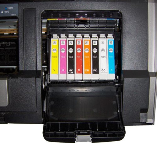 Epson Stylus Photo R1900 printer with open ink cartridge bay.
