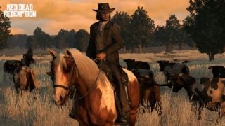 Cowboy on horseback with cattle in background from Red Dead Redemption.