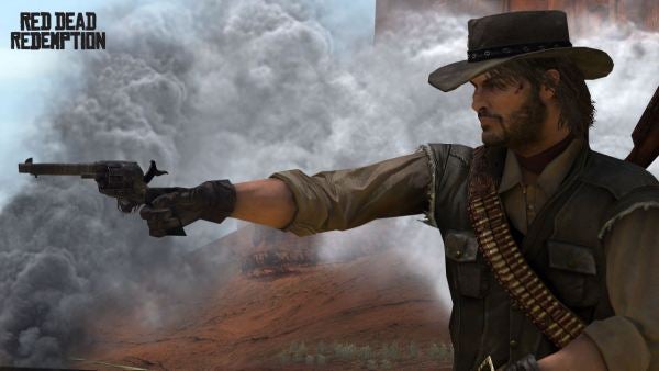 Cowboy character aiming a gun in Red Dead Redemption game.