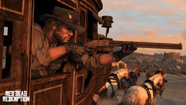 Character aiming from a stagecoach in Red Dead Redemption.