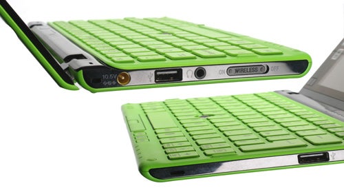 Green Sony VAIO P Series laptop with keyboard visible.