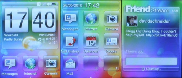 HTC Smart phone interface displaying time, weather, and social media updates.