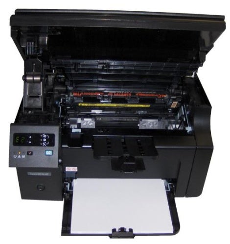 HP LaserJet M1132MFP printer open to show internal components.