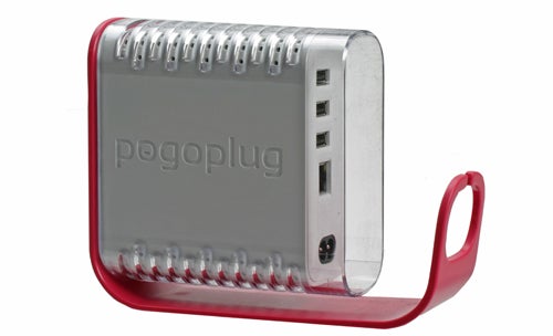 Pogoplug device with red base and multiple USB ports