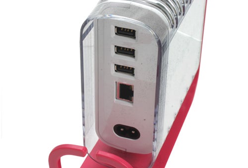 Close-up of Pogoplug device with USB ports and network connector.