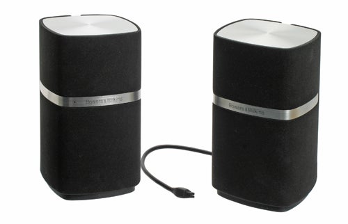 Bowers & Wilkins MM-1 desktop speakers on white background.
