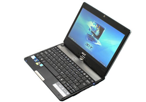 Acer Aspire 1825PTZ laptop with touchscreen in an upright position.
