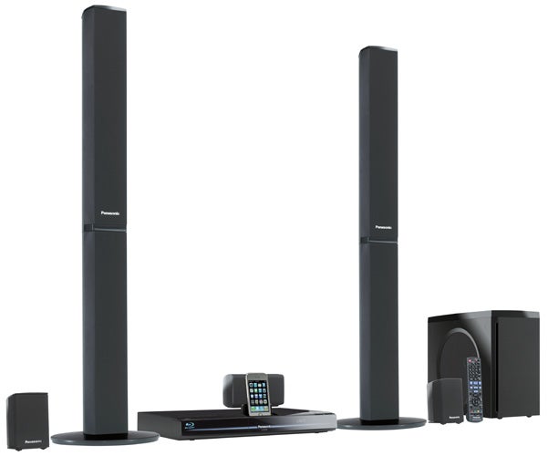 Panasonic SC-BT330 home theater system with tall speakers.