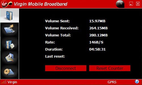 Virgin Mobile Broadband software interface showing data usage statistics.
