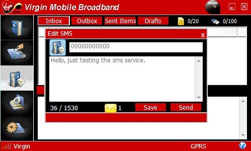 Virgin Mobile Broadband interface with SMS test message.