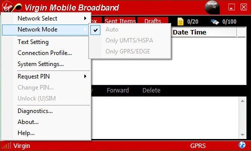 Screenshot of Virgin Mobile Broadband software interface.
