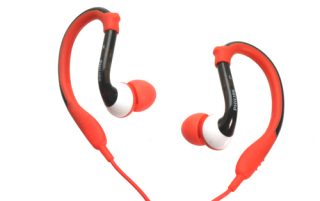 Philips SHQ3000 red and black sports headphones on white background.