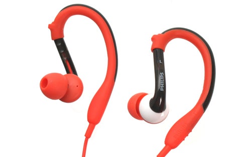 Philips SHQ3000 red and black sports headphones.