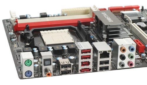 Biostar TA870+ motherboard with ports and sockets visible.