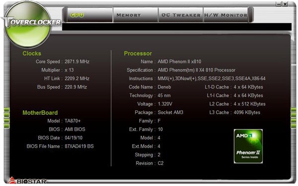 Screenshot of Biostar TA870+ motherboard overclocking utility software.