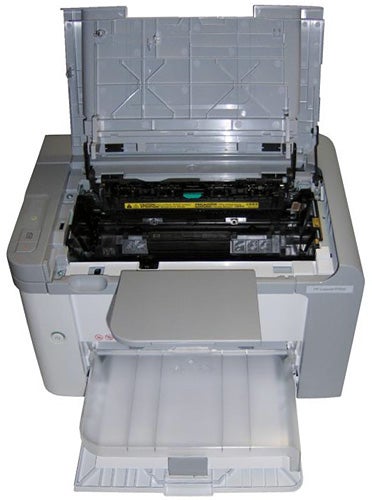 HP LaserJet P1566 printer with open access panels.