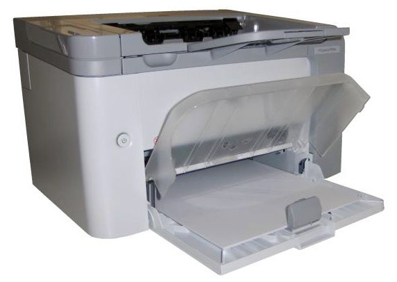HP LaserJet P1566 printer with output tray extended.