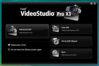 Corel VideoStudio Pro X3 software startup screen with options