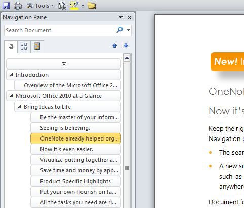 Screenshot of Microsoft Office 2010 interface with Navigation Pane.