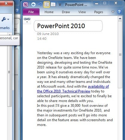 Screenshot of Microsoft PowerPoint 2010 interface with a text document.