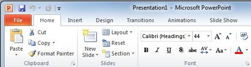 Screenshot of Microsoft PowerPoint 2010 ribbon interface.