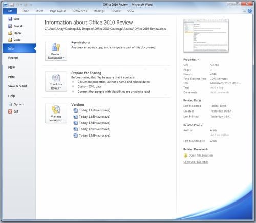 Screenshot of Microsoft Word 2010 Backstage view with document information.