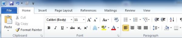 Screenshot of Microsoft Word 2010 Ribbon Toolbar.