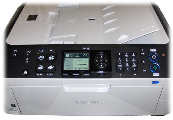 Canon PIXMA MX350 printer control panel and display.