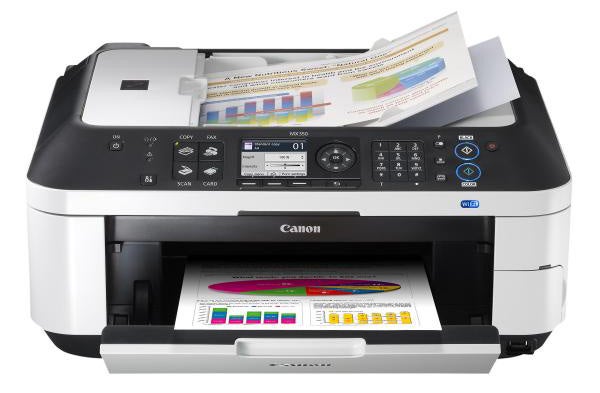 Canon PIXMA MX350 printer with printed color graphs.