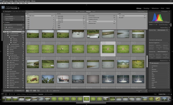 Adobe Lightroom 3 software interface with photo thumbnails displayed.