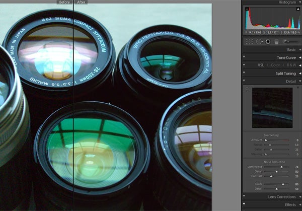 Comparison of photo editing results with Adobe Lightroom 3Camera lenses with Adobe Lightroom editing interface.
