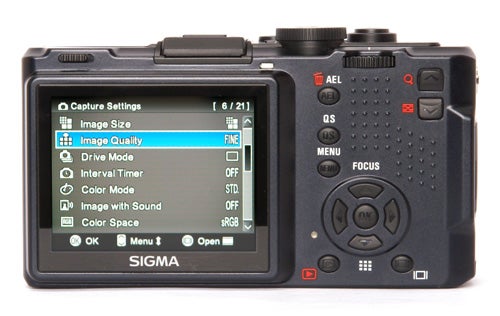 Sigma DP2s camera with menu settings on display screen.
