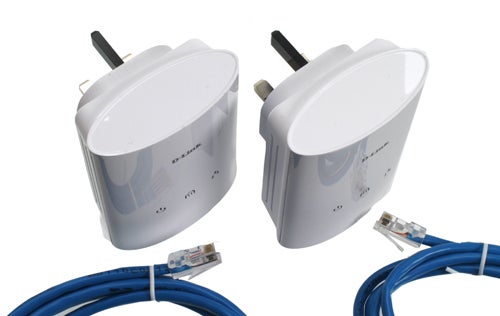 D-Link DHP-307AV Powerline Network Adapters and Ethernet Cables.