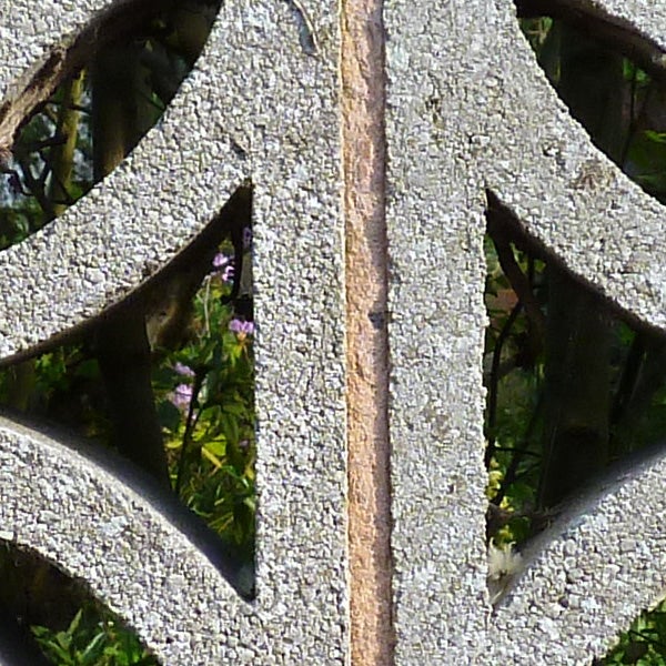Close-up of a decorative stone wall with foliage in the background.