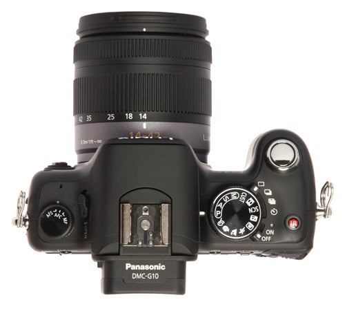 Panasonic Lumix DMC-G10 camera with lens from above.