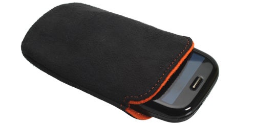 Palm Pre Plus smartphone in a black sleeve with orange trim.