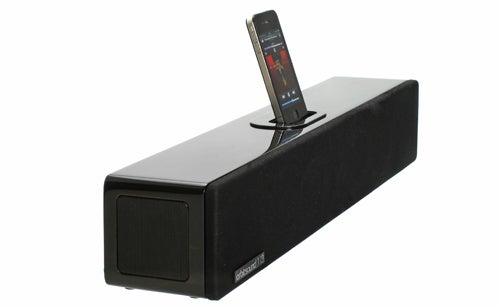 Orbitsound T12 v2 soundbar with docked smartphone on white background.