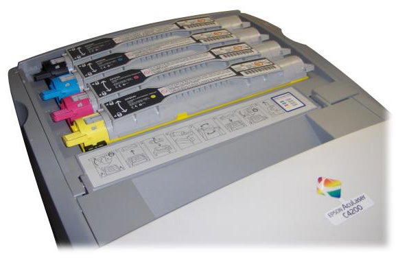 Epson Aculaser C4200DN printer with open toner cartridge tray.