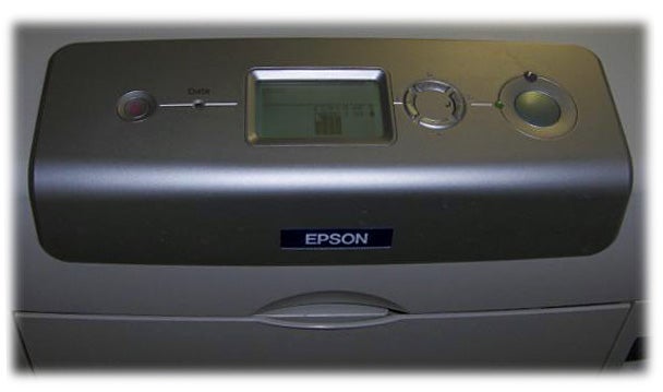 Epson Aculaser C4200DN printer control panel close-up.