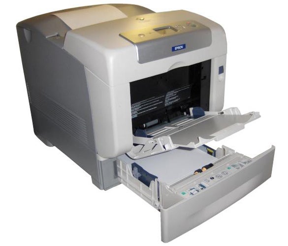 Epson Aculaser C4200DN printer with open trays.