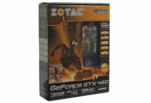 Zotac GeForce GTX 460 graphics card box on display.